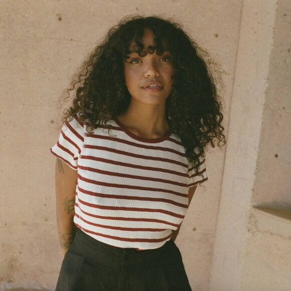 Doen Red and White Striped Short Sleeve Tee - Picture 1 of 7